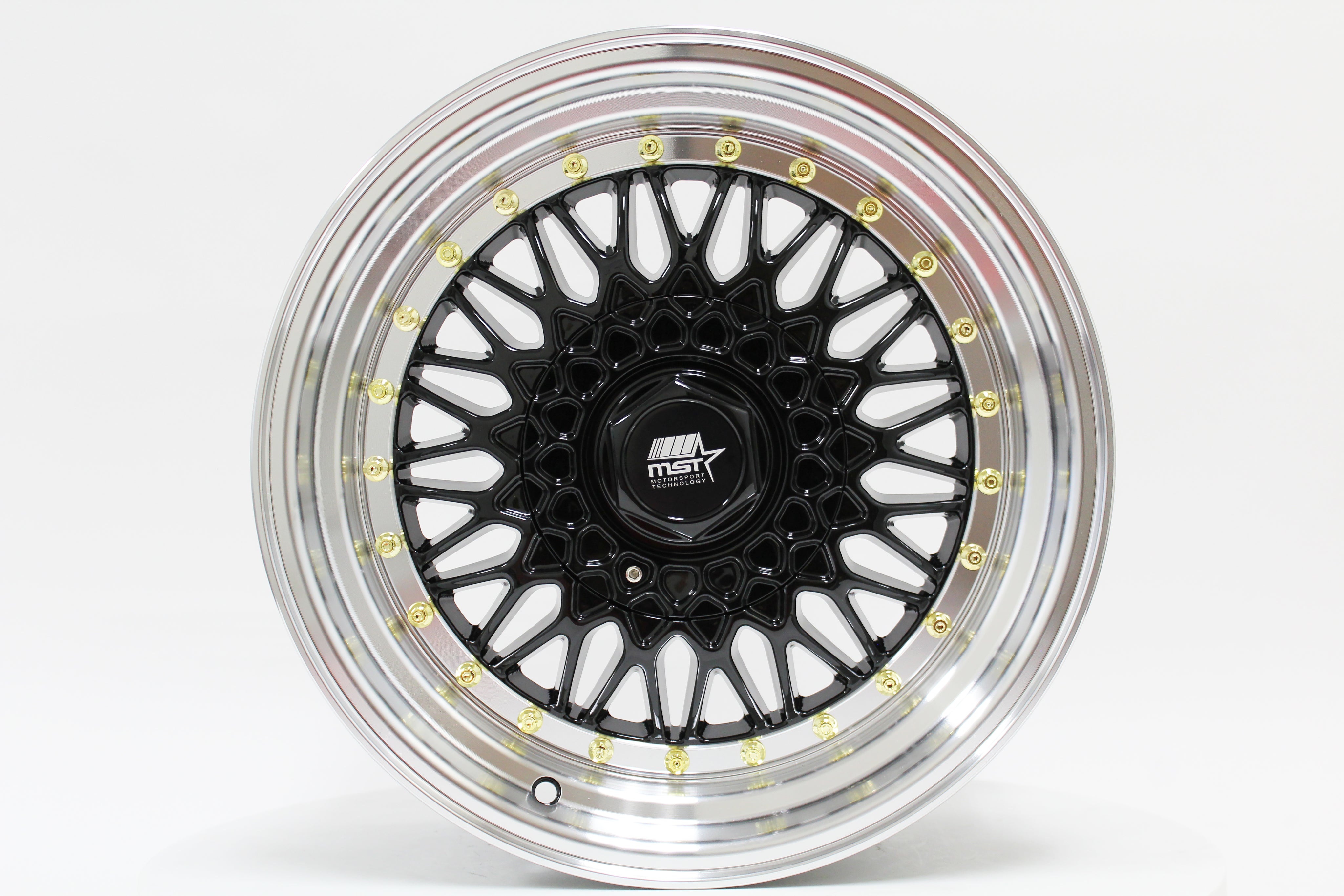 MST WHEELS MT13 - Black w/ Machined Lip Gold Rivets - 16x8.0 4x100/4x114.3 Offset +20