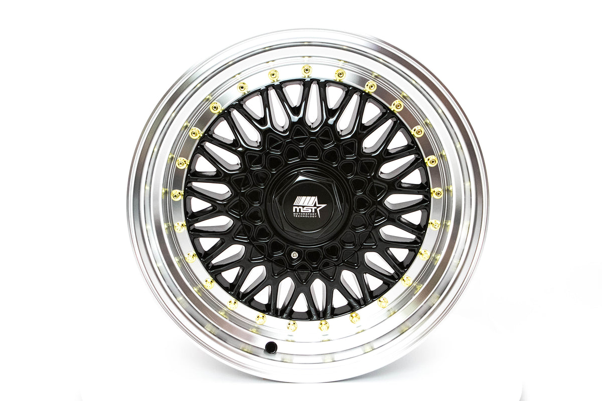 MST WHEELS MT13 - Black w/Machined Lip Gold Rivets - 16x8.0 5x100/5x114.3 Offset +20