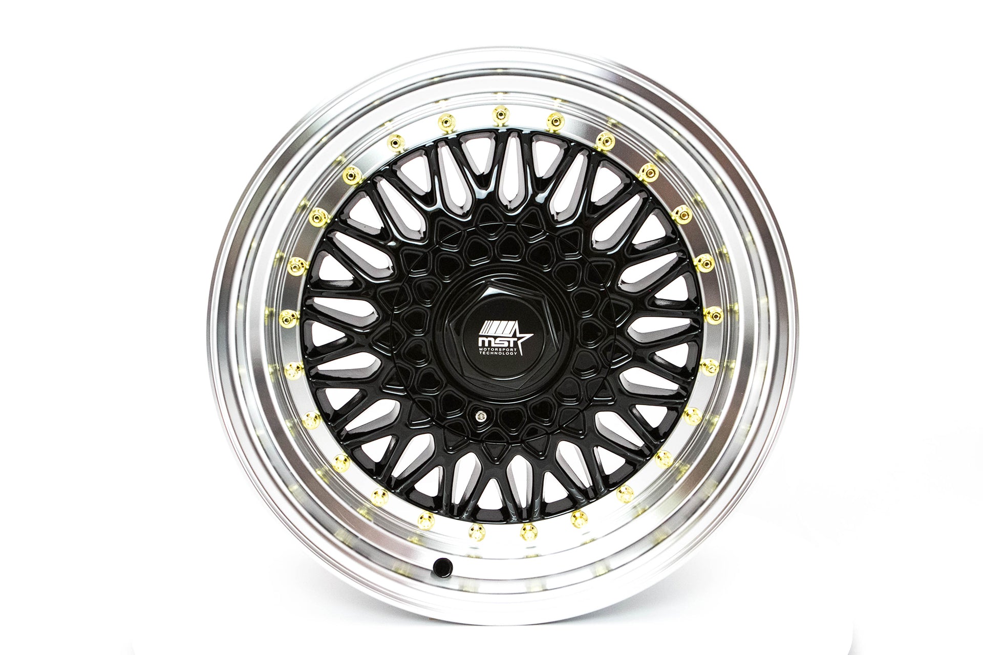 MST WHEELS MT13 - Black w/Machined Lip Gold Rivets - 16x8.0 5x100/5x114.3 Offset +20