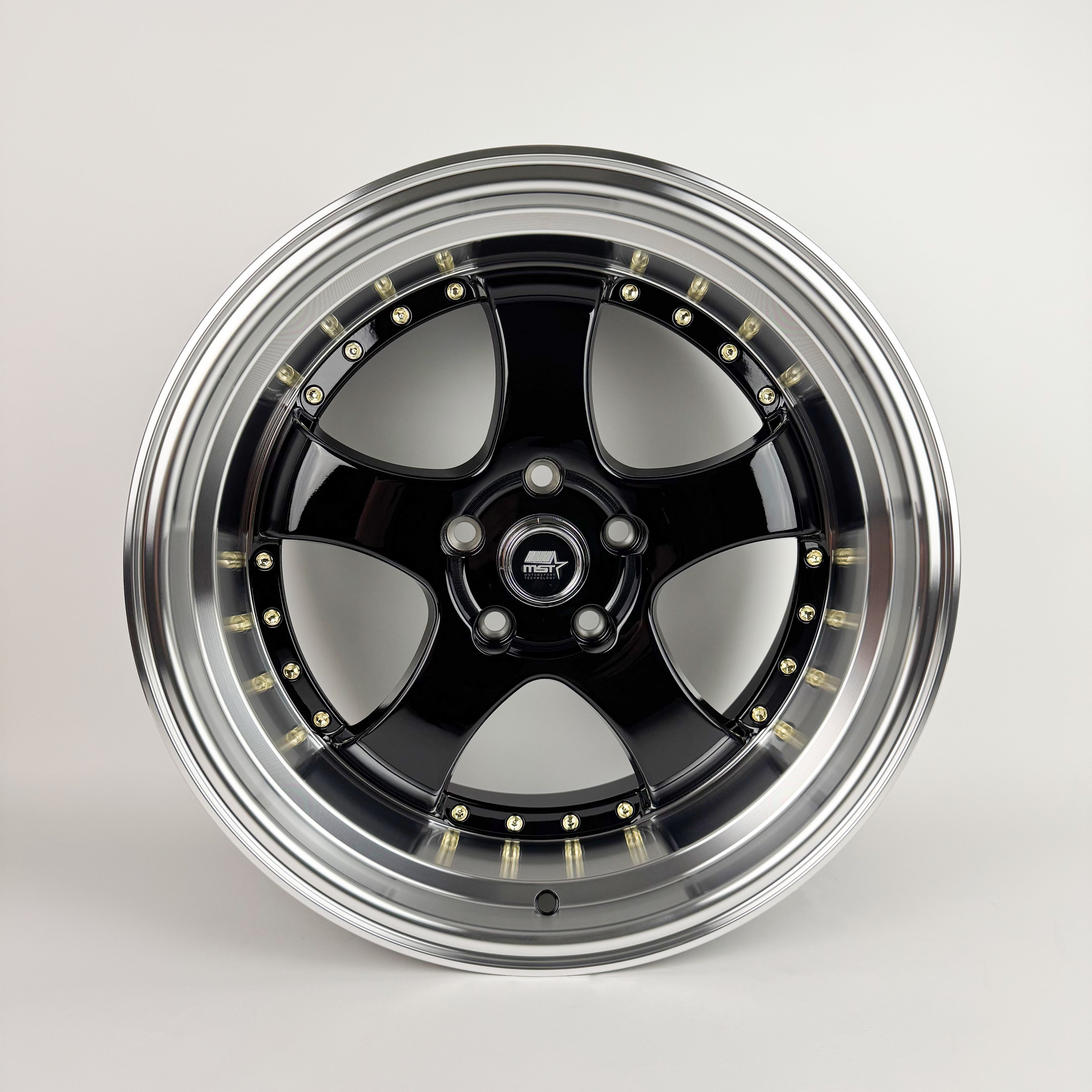 MT07 Black w/Machined Lip Gold Rivets 18x9.5 5x114.3 Offset +20 | MST ...