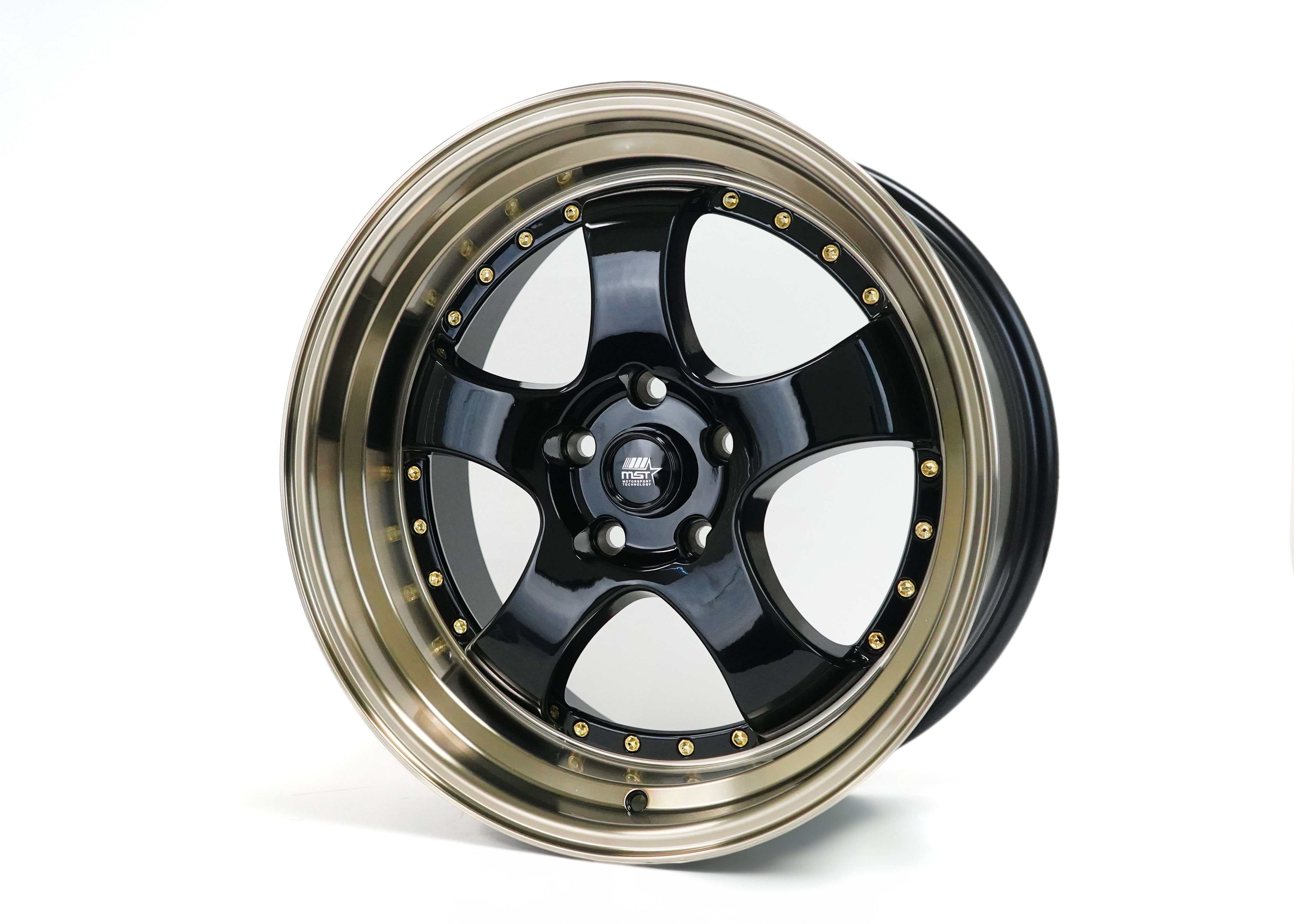 MT07 Gloss Black w/Bronze Machined Lip Gold Rivets 18x8.5 5x114.3