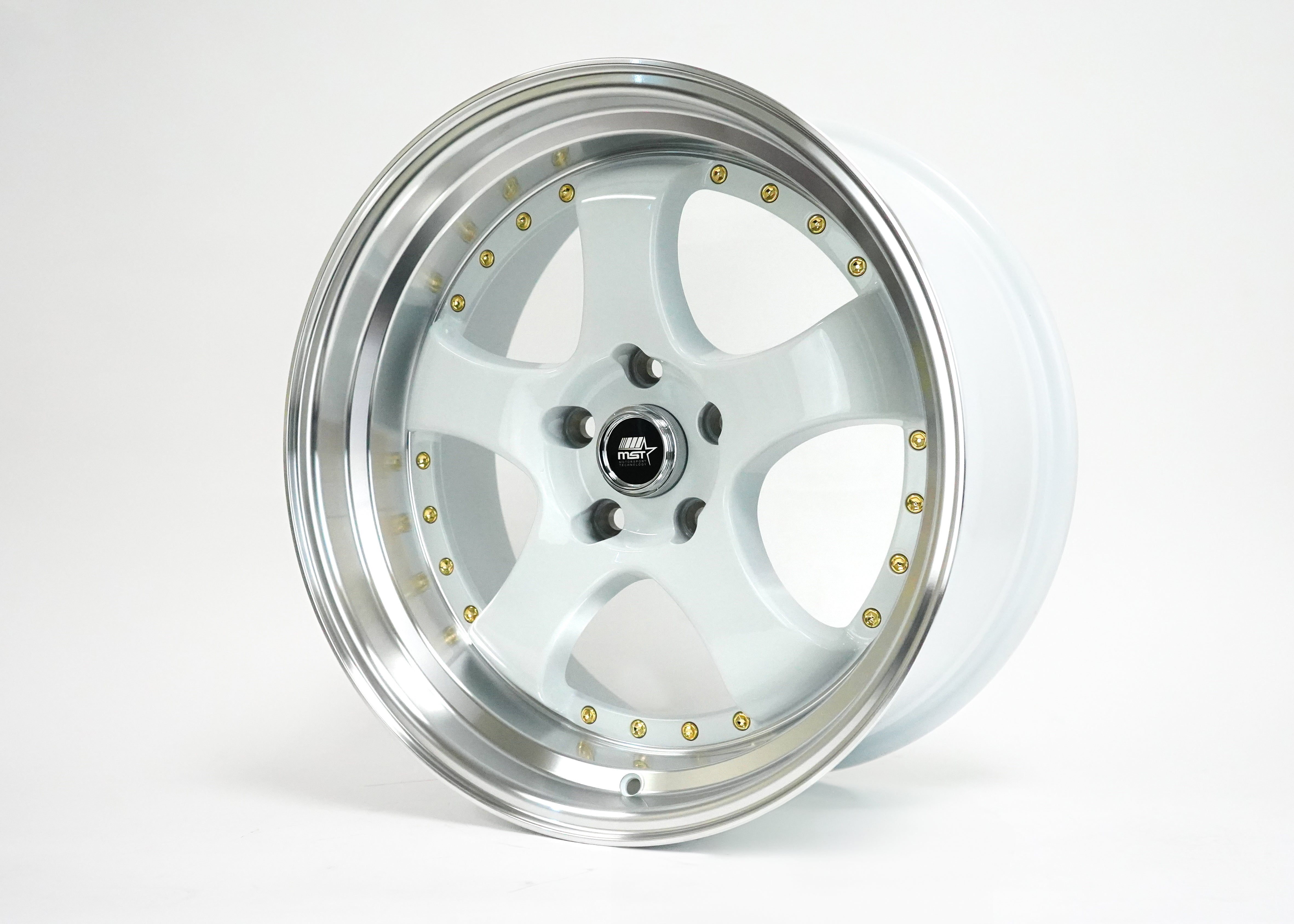 MT07 White w/Machined Lip Gold Rivets 18x8.5 5x114.3 Offset +20