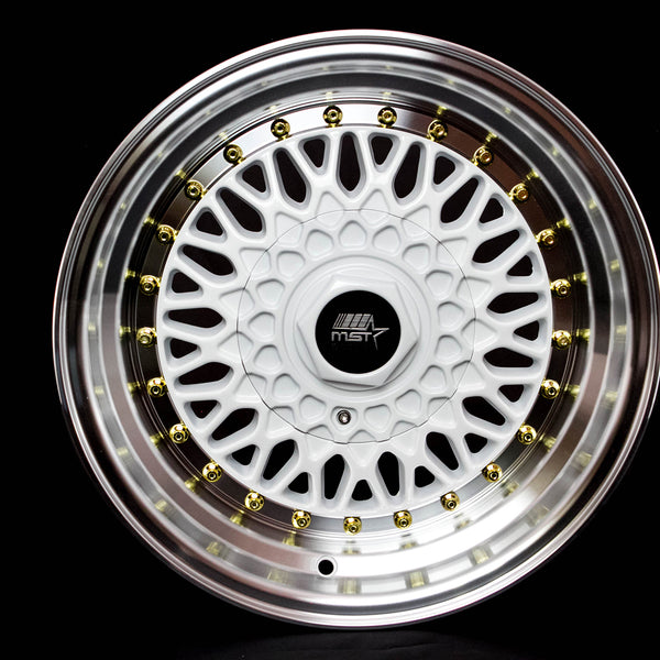 MST WHEELS MT13 - White w/Machined Lip Gold Rivets - 15x8.0 4x100/4x114.3 Offset +20